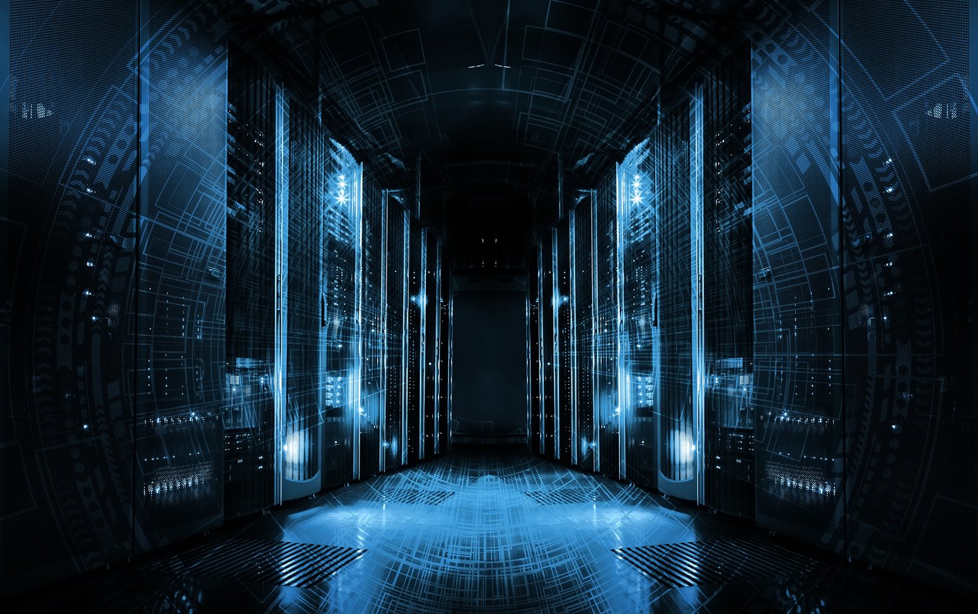 technological background on servers in data center, futuristic design. Server room represented by several server racks with strong dramatic light.